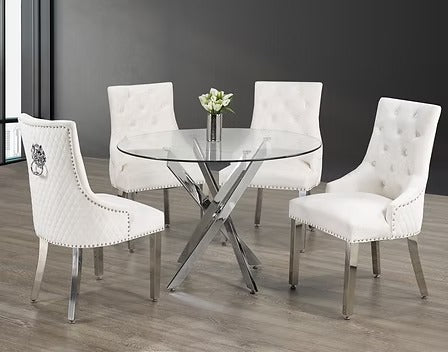 Rovenza 5-Piece Dinette Set – Tempered Clear Glass Table with Chrome Legs & Cream Velvet Lion Knocker Chairs
