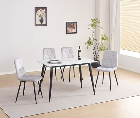 Velvoro 5-Piece Dinette Set – Snowy White Marble Sintered Stone Table with Black Steel Legs & Light Grey Velvet Chairs