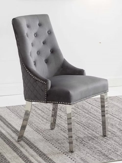 Zenvoro 2-Piece Luxury Grey Velvet Dining Chair Set with Chrome Lion Knocker, Diamond Quilted Back & Polished Chrome Finish