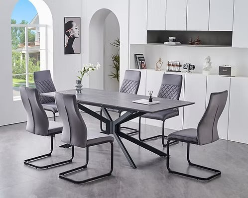 Elviora 7-Piece Dinette Set – Grey Marble Veneer Extension Table with X-Shape Black Steel Base & Soft Grey Velvet Chairs