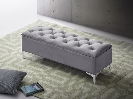 Korvexa Velvet Storage Bench – Grey Button Tufted Bench with Chrome Legs and Lift Top Storage
