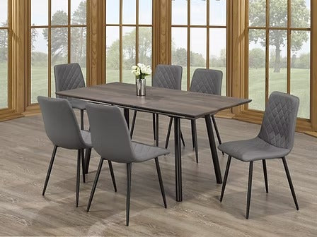 Arlina 7-Piece Dinette Set – Wooden Extension Table with Black Metal Legs & Grey PU Chairs