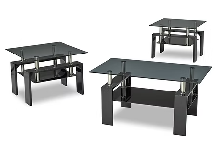 Fyntrix 3 Piece Coffee Table Set – Modern Smoked Glass Coffee Table with Black High Gloss Legs and Chrome Accents