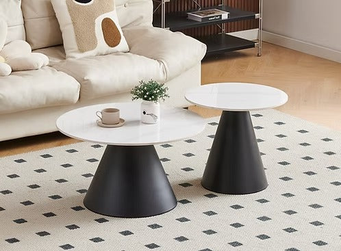Veltrix 2 Piece Coffee Table Set – Modern Snowy White Sintered Stone Marble Top with Black Steel Pedestal Base