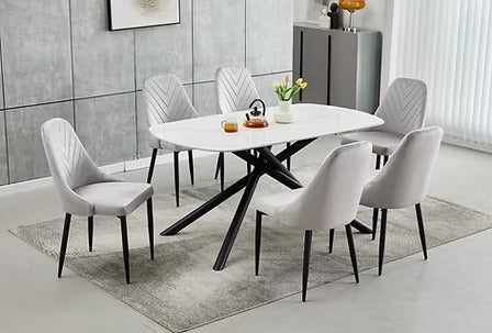 Veltrano 7-Piece Dinette Set – Sintered Stone White Marble Table with Black Steel Legs & Light Grey Velvet Chairs