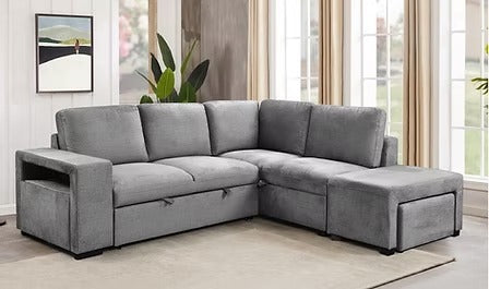 Velquion Convertible Sofa Bed Sectional – Right-Hand Facing Chaise Sleeper Sofa with Lift-Up Storage, Floating Ottoman Set and Soft Grey Fabric Upholstery