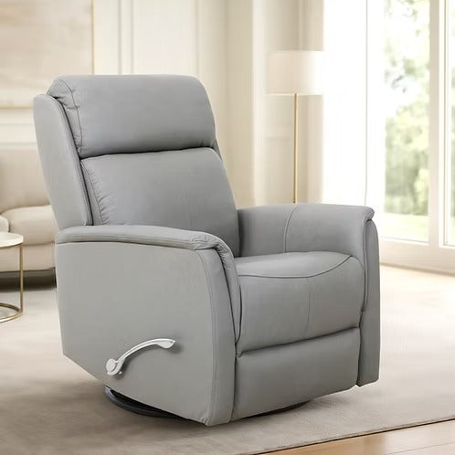 Zyrello Recliner Chair in Soft Pewter Grey Leather Match with Side-Mounted Steel Pull Handle &amp; Glider Rocking Mechanism