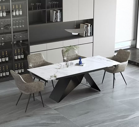 Velnaro 7-Piece Dinette Set – Sintered Stone Chanel Marble Extension Table with X-Shape Black Steel Base & Mushroom PU Armrest Chairs
