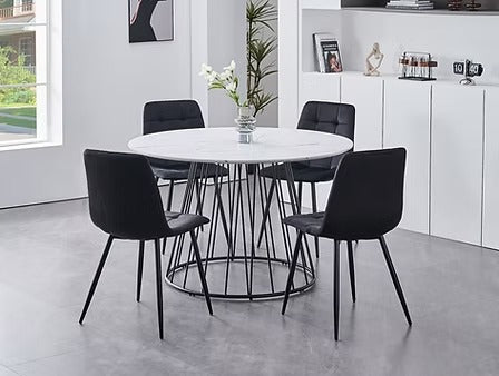 Marvesta 5-Piece Dinette Set – White Marble Veneer Round Table with Black Pedestal Steel Base & Black Velvet Chairs