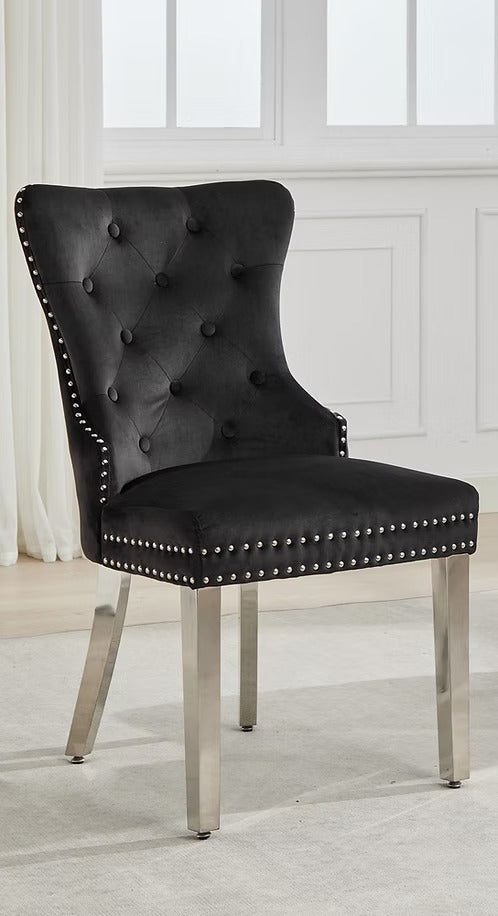 Sylvano 2-Piece Dining Chairs – Soft-Touch Black Velvet Button Tufted Design with Nailhead Details & Polished Chrome Legs for Modern Luxury Dining Spaces
