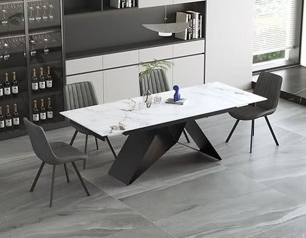 Zorvella 7-Piece Dinette Set – Sintered Stone Chanel Marble Extension Table with X-Shape Black Steel Base & Soft Grey PU Chairs