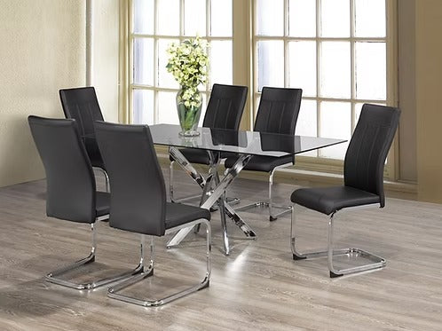 Marvion 7-Piece Dinette Set – Tempered Clear Glass Table with Chrome Legs & Black PU Chairs