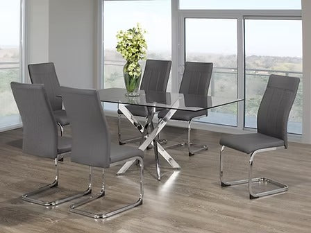 Marvion 7-Piece Dinette Set – Tempered Clear Glass Table with Chrome Legs & Grey PU Chairs
