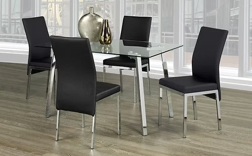 Zenvello 5-Piece Dinette Set – Tempered Clear Glass Table with Chrome Legs & Black Cushion Chairs