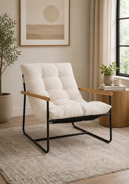 Liorven Modern Accent Lounge Chair – Plush Tufted Cushion with Natural Wood Armrests & Black Metal Frame