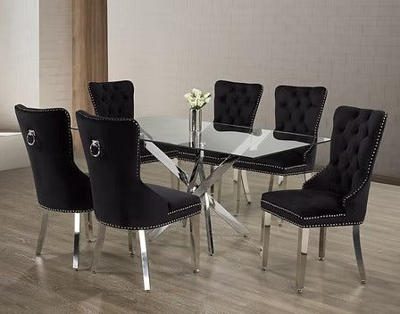 Elvanya 7-Piece Dinette Set – Tempered Clear Glass Table with Chrome Legs & Black Velvet Knocker Chairs