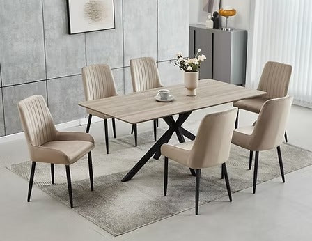 Calviano 7-Piece Dinette Set – Wooden Top Table with Black Steel Legs & Beige Velvet Chairs