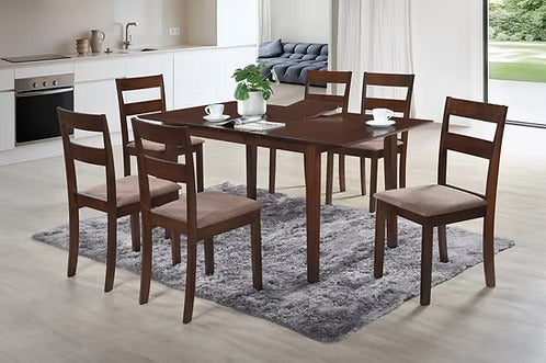Calvera 7-Piece Dinette Set – Adjustable Espresso Table with Butterfly Leaf & Light Fabric Cushion Chairs