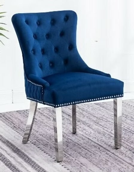 Zenvoro 2-Piece Luxury Dining Chair Set – Blue Velvet Chrome Lion Knocker Dining Chairs with Diamond Quilted Back, Button Tufted Front & Nailhead Details