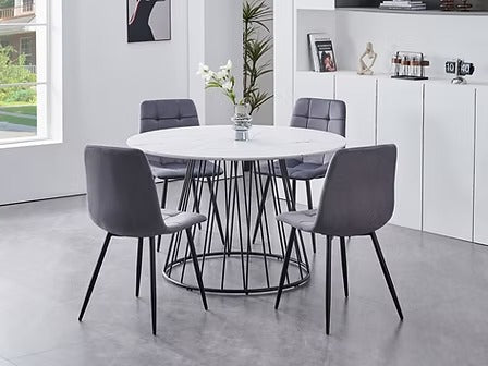Marvesta 5-Piece Dinette Set – White Marble Veneer Round Table with Black Pedestal Steel Base & Soft Grey Velvet Chairs