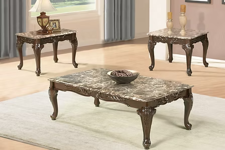 Rynvexo 3 Piece Coffee Table Set – Walnut Finish Coffee Table with Light Brown Marble Top and Matching End Tables