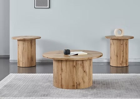 Vantrex 3 Piece Coffee Table Set – Contemporary Round Coffee Table with Fluted Pedestal Base and Light Natural Wood Finish