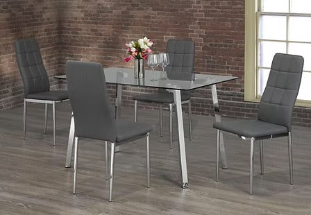 Arlovo 5-Piece Dinette Set – Tempered Clear Glass Table with Chrome Legs & Grey Cushion Chairs