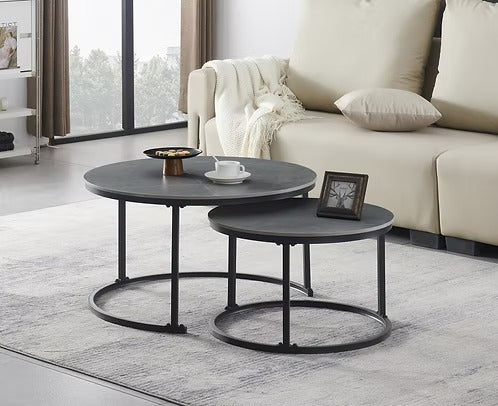Alvireo Set of 2 Coffee Tables – Modern Sintered Stone Armani Marble Top with Black Steel Base