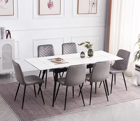 Calvona 7-Piece Dinette Set – Sintered Stone White Marble Extension Table with Black Steel Legs & Soft Grey Velvet Chairs