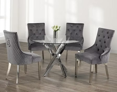 Rovenza 5-Piece Dinette Set – Tempered Clear Glass Table with Chrome Legs & Grey Velvet Lion Knocker Chairs