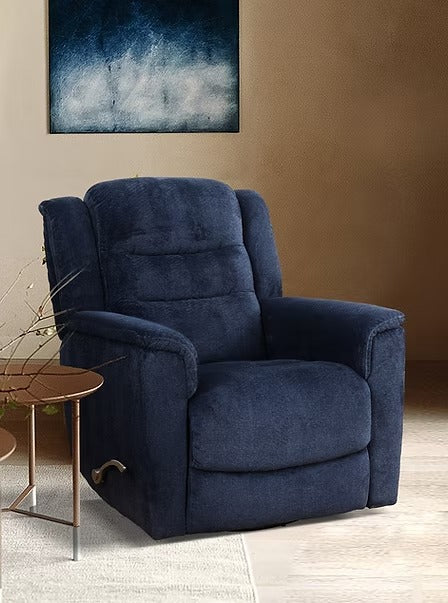 Yarvello Recliner Chair in Soft Blue Fabric with Swivel Glider Mechanism, Side-Mounted Steel Handle &amp; Zero Wallhugger Design