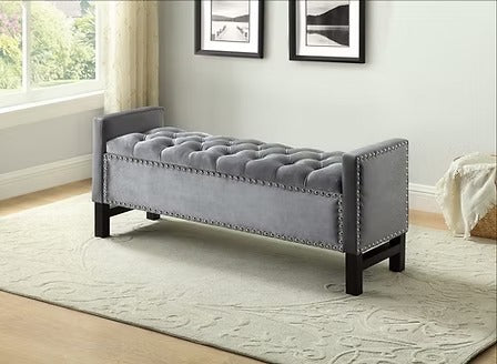 Dravien Velvet Storage Bench – Elegant Grey Upholstered Lift Top Storage Bench for Bedroom, Living Room and Entryway