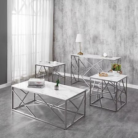 Wynvero 3 Piece Coffee Table Set – Modern White Marble Glass Coffee Table with Chrome Legs