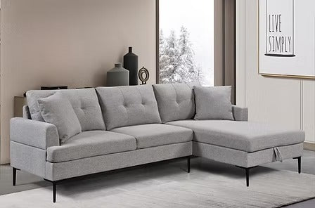 Kelvexa Sectional Sofa – Right Hand Facing Chaise with Pull Up Storage, Button Tufted Back, Black Metal Legs