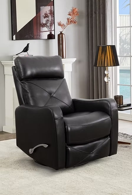 Wervano Recliner Chair with Side-Mounted Steel Pull Handle, Swivel & Glider Mechanism, Zero Wallhugger Design in Soft Blackberry Leather Match