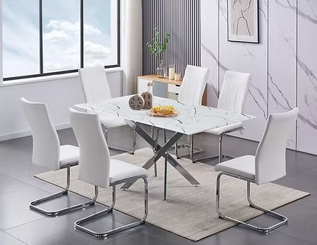 Sorello 7-Piece Dinette Set – White Marble Glass Table with Chrome Legs & White PU Chairs