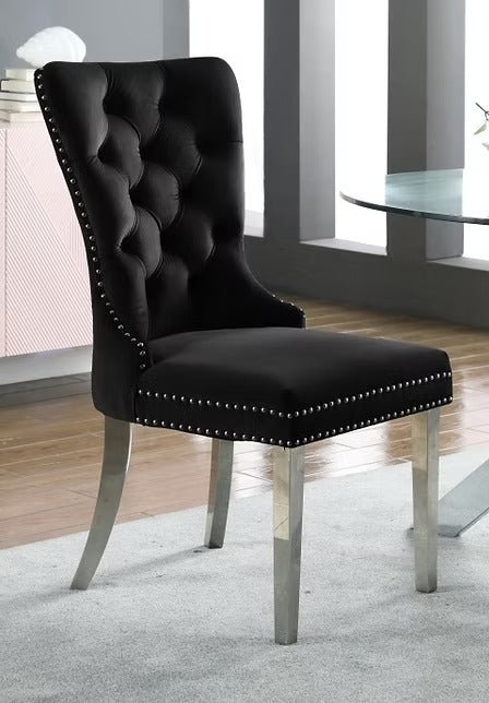 Liorvo 2-Piece Luxury Black Velvet Dining Chair Set with Chrome Knocker Accent, Button Tufted Front, Decorative Nailhead Trim, Polished Chrome Finish, Modern Glam Dining Room Accent Chairs