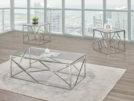 Ulviano 3 Piece Coffee Table Set – Modern Clear Tempered Glass Coffee Table with Chrome Legs