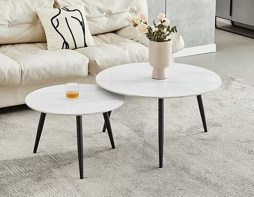 Sylvaro 2 Piece Coffee Table Set – Modern Snowy White Sintered Stone Marble Top with Black Steel Legs