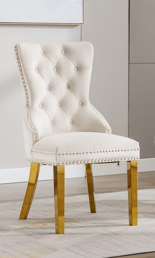 Oviero 2-Piece Luxury Cream Velvet Dining Chair Set with Gold Knocker, Polished Gold Frame, Button Tufted Front & Nailhead Details
