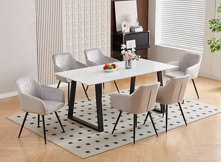 Calvessa 7-Piece Dinette Set – Snowy White Marble Sintered Stone Table with U-Shape Steel Legs & Light Grey Velvet Armrest Chairs