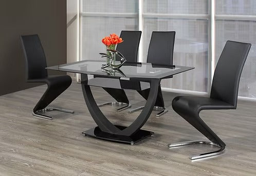 Liorano 5-Piece Dinette Set – Black Trim Glass Table with Metal Base & Z-Shape Black PU Chairs