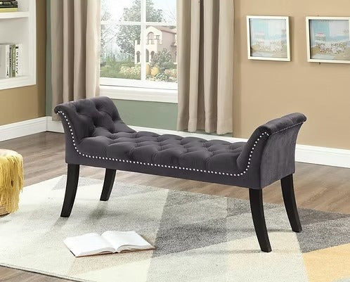 Trivello Velvet Bench – Grey Deep Tufted Bench with Nail Head Detail