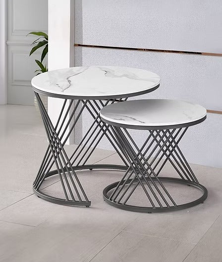 Calvexa Set of 2 Coffee Tables – Modern Sintered Stone White Marble Top Coffee Tables with Black Steel Base
