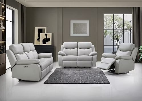 Zalviero 3-Piece Power Recliner Set with Light Grey Genuine Leather/Match, USB Ports &amp; Dual Power Recliners