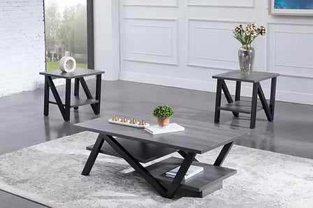 Zorvian 3 Piece Coffee Table Set – Modern Grey Wooden Top Coffee Table with Black Legs and Matching End Tables