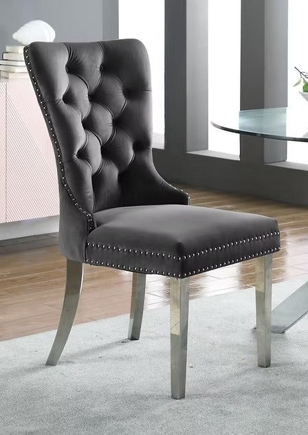 Liorvo 2-Piece Grey Velvet Dining Chair Set, Chrome Knocker Accent, Button Tufted Front, Nailhead Trim, Polished Chrome Finish, Luxury Dining Chairs