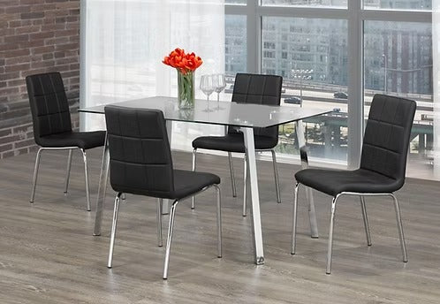 Sylviro 5-Piece Dinette Set – Tempered Clear Glass Table with Chrome Legs & Black Cushion Chairs