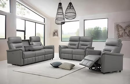 Elarvion 3-Piece Power Recliner Set with Light Grey Genuine Leather/Match, USB Ports &amp; Drop-Down Tray with Cup Holders
