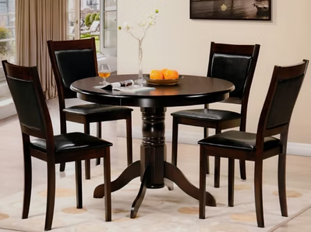 Kalmira 5-Piece Dinette Set – Pedestal Round Table with Black Cushion Chairs